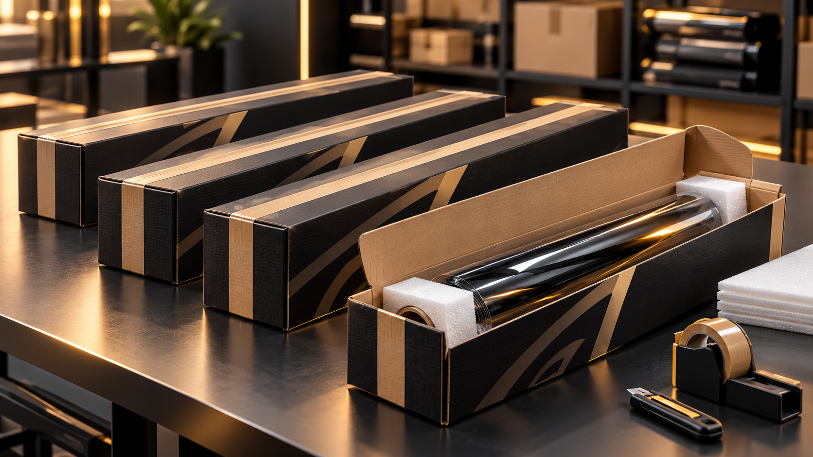 Composición ilustrativa de pedidos preparados para despacho: cajas protectoras y un rollo de película con soportes de espuma